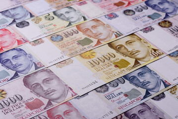 Money, currency of Singapore, dollar banknotes of various denominations. Singapore money