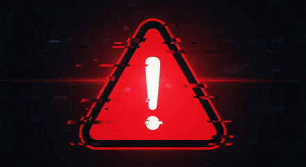 Red warning triangle with glitch effect and exclamation mark on dark background alert danger