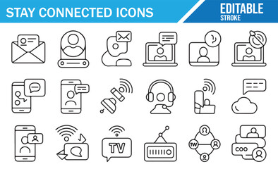 Minimal outline icons of messaging, calling, and wireless networks