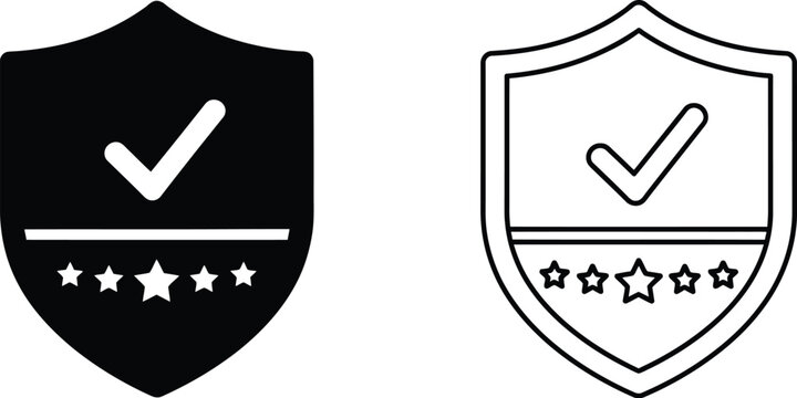 Black and white shield icons with checkmarks and star ratings depicted
