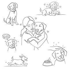 Set of minimalist one line dog illustrations, including playful dog, hugging woman and pet care scenes, continuous line art collection.