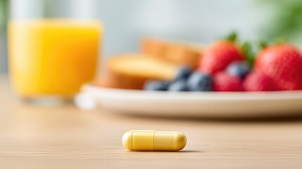 Single Yellow Vitamin Capsule with Healthy Breakfast in Background