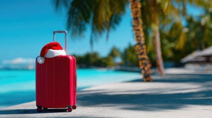 Fototapeta premium Red Luggage with Santa Hat by Resort Pool in Tropical Destination