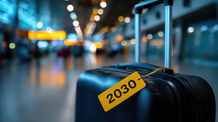Travel luggage with futuristic 2030 tag in modern airport terminal