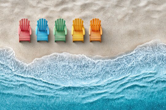 Colorful Beach Chairs on Sandy Shore with Ocean Waves from Aerial View