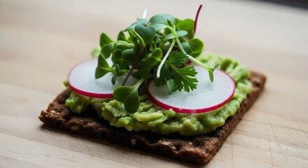 Rustic rye tartine close-up with avocado spread for wholesome plant-based snack and cozy lifestyle decor