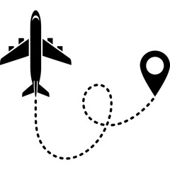 Modern airplane icon with GPS location pin for travel destination concept