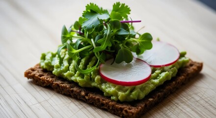 Vegan rye crispbread with avocado close-up for wholesome minimalist appetizer and mindful living concept
