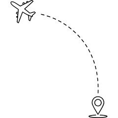 Modern airplane icon flying route toward map pin location for travel adventure
