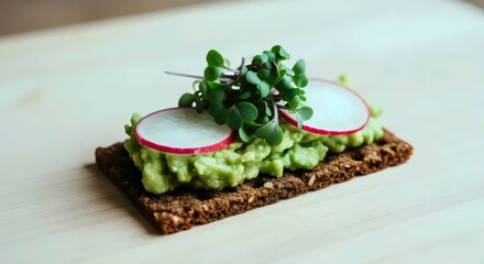Rustic rye tartine topped with avocado spread for wholesome plant-based appetizer and cozy lifestyle decor