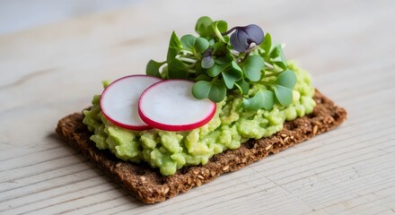 Wholesome rye crispbread close-up with avocado for rustic vegan snack and mindful minimalist nutrition design