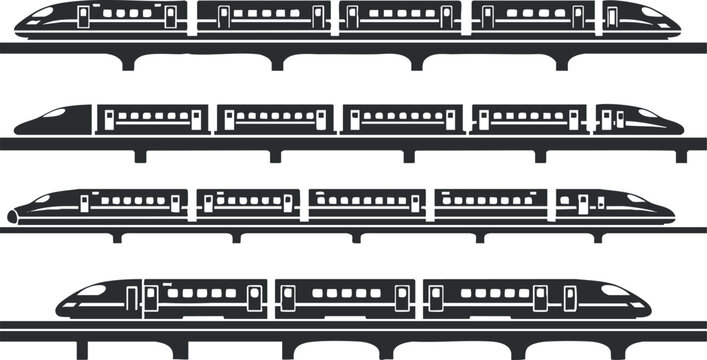 Clean black and white vector illustration of modern high-speed train set collection for transport and travel projects