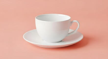 Fototapeta premium Clean white coffee cup and saucer on a soft pink background