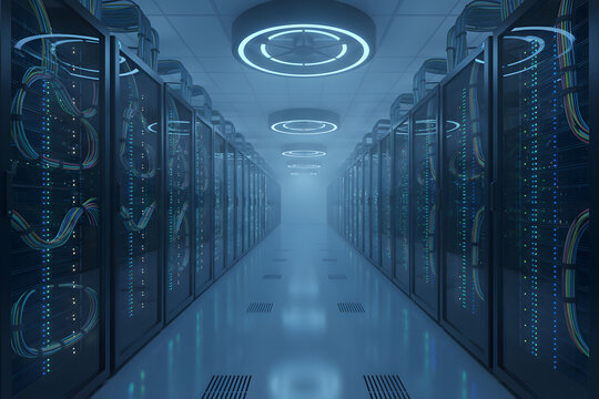 futuristic datacenter corridor with server racks and blue network lights - Powered by Adobe
