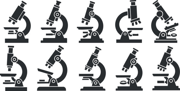 Collection of black and white vector icons depicting various microscope designs for educational and scientific applications