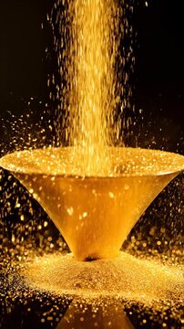 Continuous cascade of glittering gold particles gracefully falling and gathering to create a shallow swirling conical funnel shape in seamless loop soft, wedding, motion