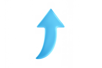 Shiny blue 3d arrow arching upwards, symbolizing increasing data, upbeat trajectory, progress, and advancement. Clear background