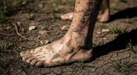 A closeup of a bare foot covered in mud, resting on cracked earth with sparse grass, showcasing the texture and earthy tones of the natural environment