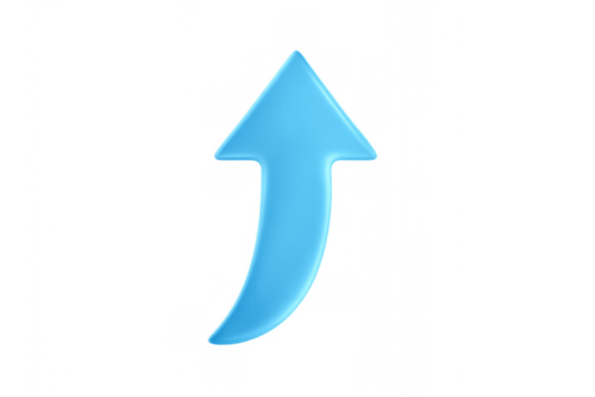 Shiny blue 3d arrow arching upwards, symbolizing increasing data, upbeat trajectory, progress, and advancement. Clear background