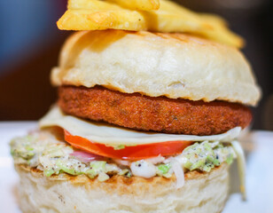 A burger with a bun, tomato, mayonise and a piece of french fries on top
