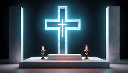 Modern Neon Cross in Church Sanctuary with Candles and Marble Columns