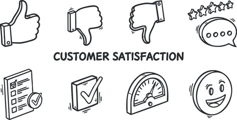 Hand-drawn vector icons representing customer satisfaction concepts, ideal for marketing materials, feedback systems, and service evaluation.