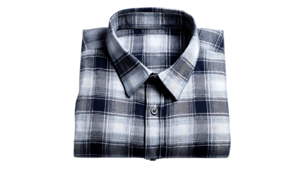 Folded blue and white plaid flannel shirt on a transparent background