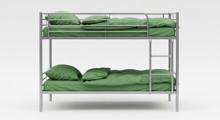 Modern metal bunk bed with green bedding on a white background