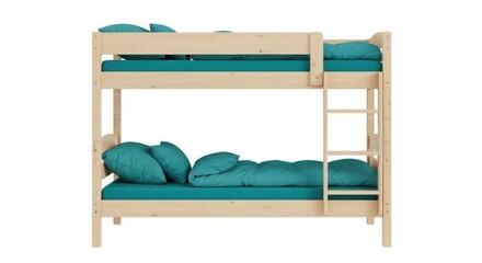 Modern wooden bunk bed with teal bedding and pillows on white background