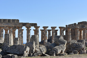 Greek temples at Selinunte, Trapani, Sicily, Italy. Temple of Hera with ruins of Greek columns in...