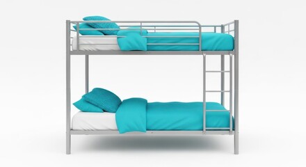 Modern metal bunk bed with bright teal bedding and pillows