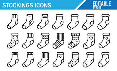 Line style sock and stocking icons with assorted patterns