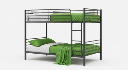 Modern metal bunk bed with green bedding and white sheets