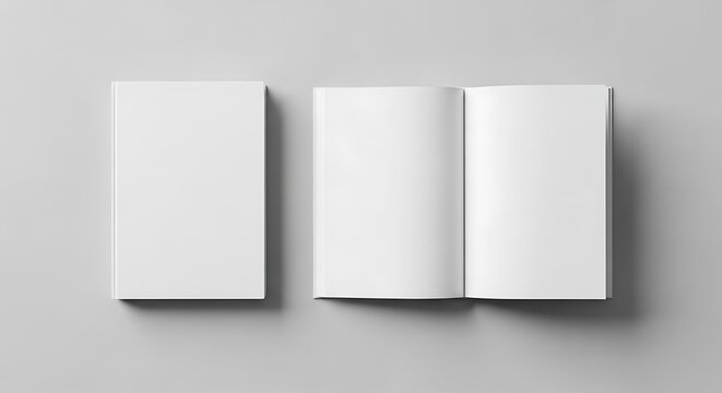 Blank white book or magazine cover mockup with an open spread, side by side on a light gray background for design presentation