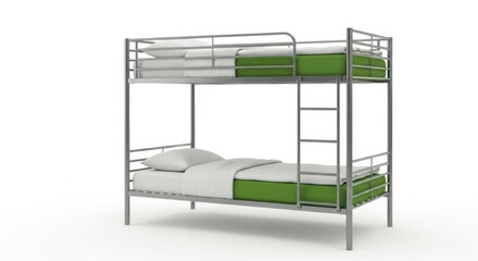 Modern silver metal bunk bed with white and green bedding