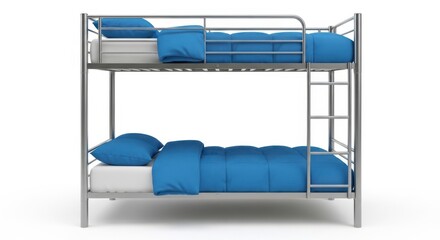 Modern metal bunk bed with blue bedding and pillows