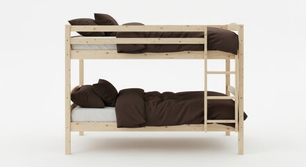 Simple wooden bunk bed with dark brown bedding against a white background