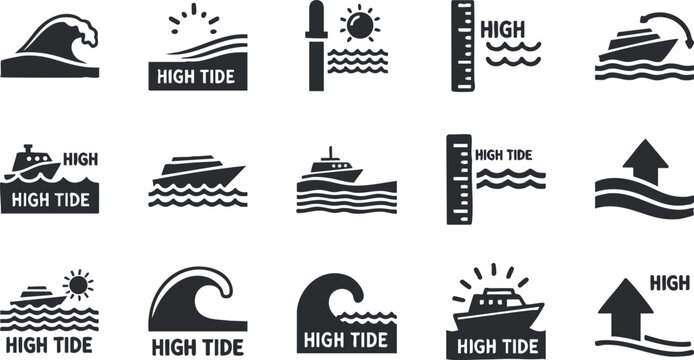 Collection of vector icons depicting high tide concepts with waves, boats, and tide indicators for marine and nautical themes