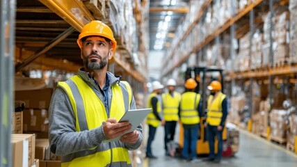 Focused warehouse worker in safety gear monitors inventory while colleagues organize pallets in large storage space during daylight hours - Powered by Adobe