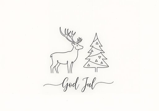 God Jul reindeer and christmas tree line art greeting card design
