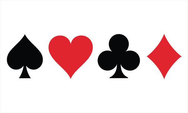 Isolated spade, heart, club, and diamond symbols showcase a classic deck of cards on white