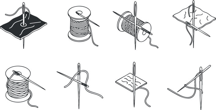 Minimalist black and white vector illustration of sewing tools including needles, threads, and fabric for craft and design projects