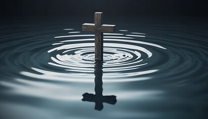Wooden Cross Floating in Dark Water with Ripples Creating Reflection