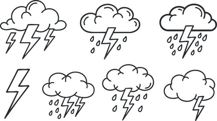Outline vector icon set featuring various cloud and lightning storm symbols for weather-related designs and applications