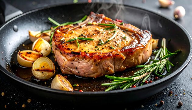 Close-up of cooked pork chop in skillet with herbs and garlic