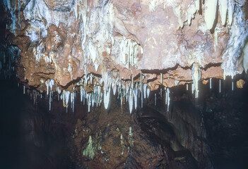 Stalactite formations inside the Aven d'Orgnac cave in Ardèche, France