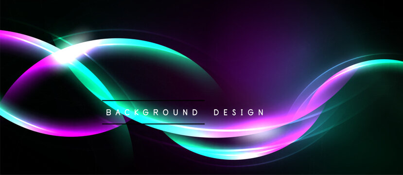 Abstract neon waves, vibrant purple, turquoise hues. Dark background emphasizes flowing light curves, modern design element.