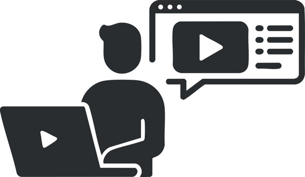 Flat design vector illustration of a person working on a laptop while streaming video content, ideal for educational and technology themes