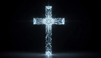 Elegant Ice Crystal Cross with Bright Light Effects on Dark Background