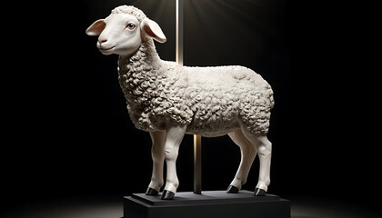 White Sheep Sculpture on Black Base in Dark Exhibition Setting